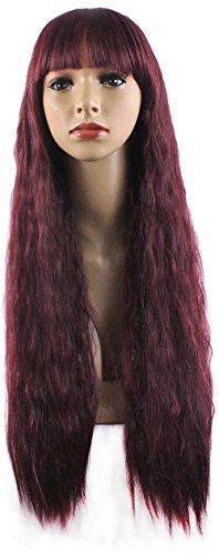 Xiaoyu Natural Design Flat Bangs Ladies Long Curly Wig - Red Wine