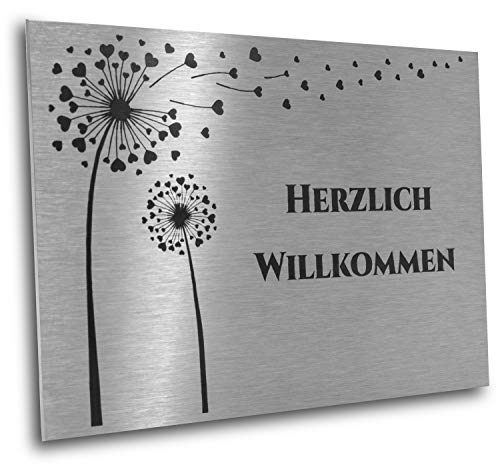 Jung Edelstahl Design Türschild V2A Edelstahl in verschiedenen Größen mit Motiv Pusteblume/Blume und Wunschtext. Ideal als Klingelschild oder für den Briefkasten als Briefkastenschild Cover