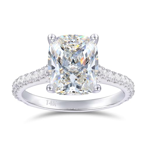 14K White Gold Moissanite Engagement Rings, 14K White Gold 3CT Elongated Cushion Cut Moissanite Rings, 14K Cushion Moissanite Engagement Rings for Women
