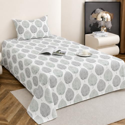 Image of IVAZA 240 TC Soft Ezyption Floral Single Bed Sheet Cotton - Single bedsheet with 1 Pillow Cover Hypoallergenic, Brethable, (Size- 60 x 90 Inch Grey Leaf