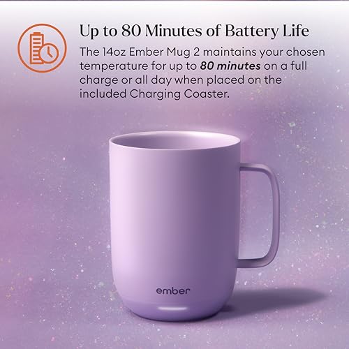 Image of Ember Temperature Control 14oz Smart Mug 2, App-Controlled and Rechargeable Heated Coffee Cup Warmer with Intelligent LED Display, Lavender.