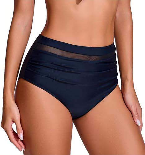 COCOPEAR Sexy High Waisted Bikini Bottoms for Women Ruched Mesh Swim Bottoms for Women Classic Full Coverage Bikini Bottoms Black L