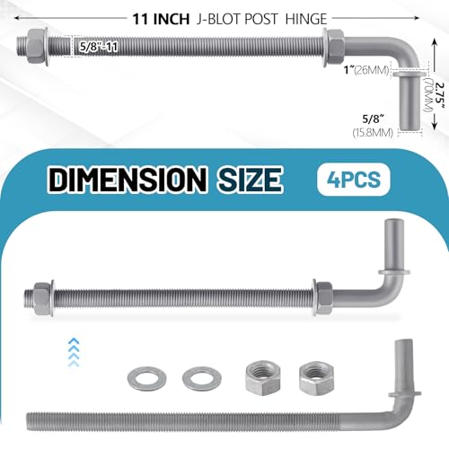Otoolling 4 Pack 11" J-Bolt Gate Hinges with 5/8"-11 Galvanized J Bolt Threaded Hinges for Cattle Corral Panels, Chain Link Fence, Include Nuts Washers by Otoolling - Image 2