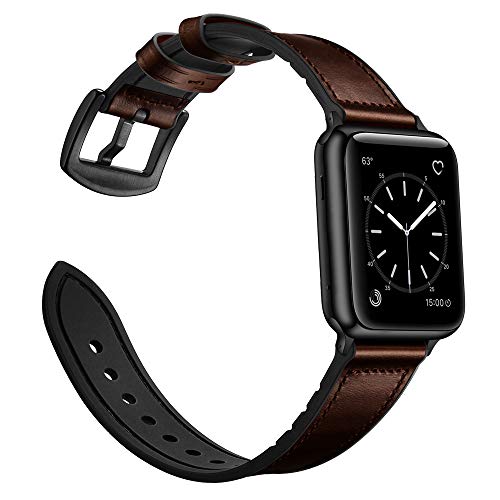 OUHENG Leather Bands Compatible with Apple Watch Band 42mm 41mm 40mm 38mm, Genuine Leather Rubber Hybrid Strap for iWatch Series 11 10 9 8 7 6 5 4 3 2 1 SE3 SE2 SE, Chocolate Brown/Black by OUHENG - Image 3