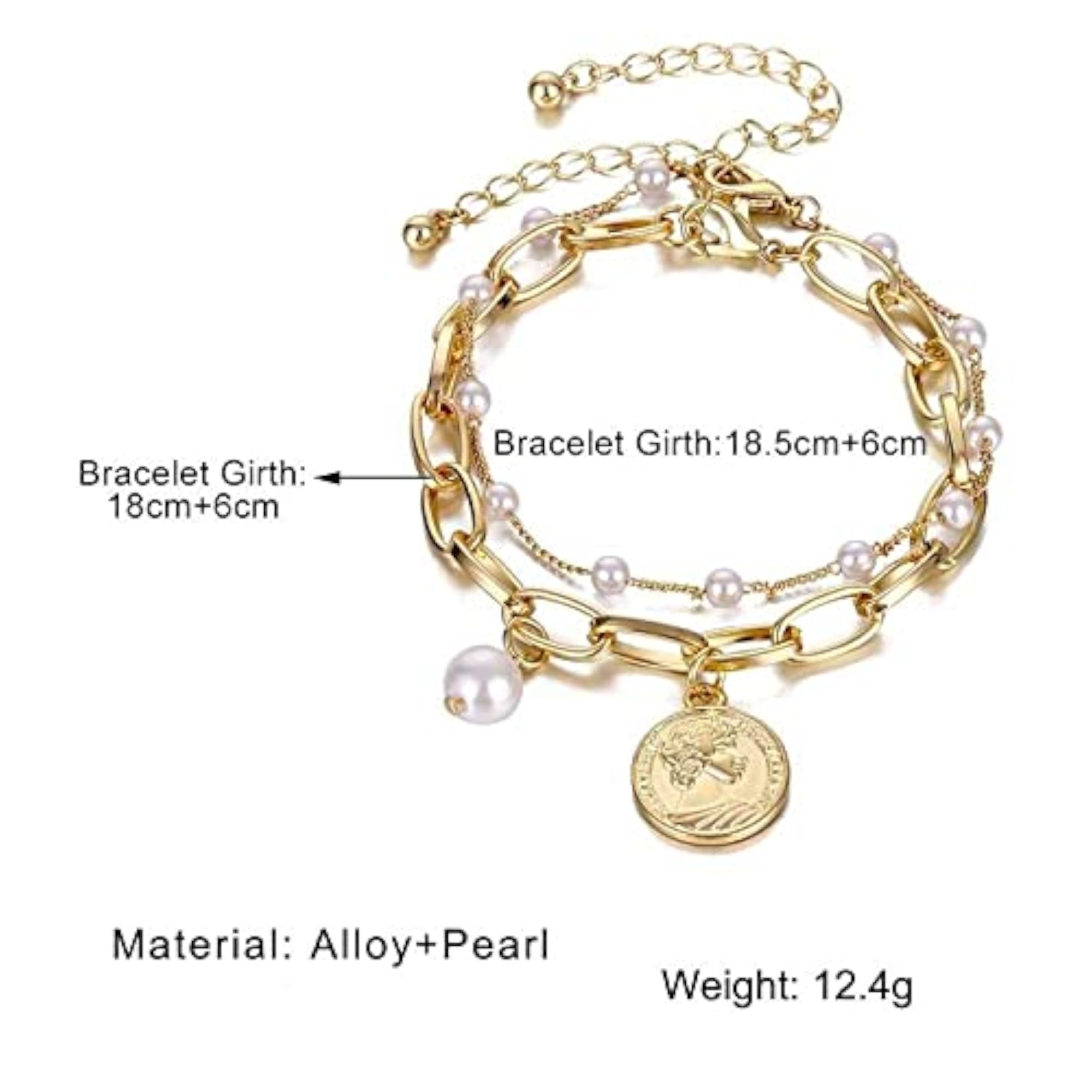 Women's Double Layered Pearl & Paperclip Coin Chain Bracelet