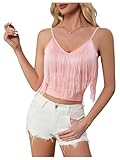 SweatyRocks Women's Fringe Sleeveless Boho Tassel Tank Top Slim Fit Cami Summer Tops Pink Medium