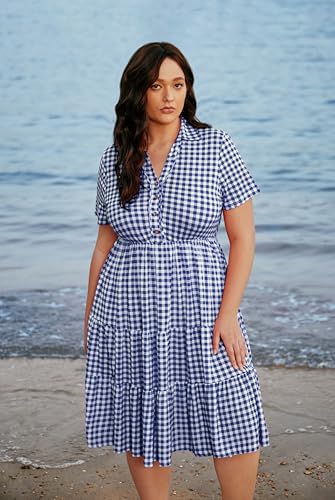 Image of CARCOS Plus Size Dresses for Curvy Women Collared Vneck Short Sleeve Dresses Midi Summer Ruffle Dress with Pocket XL-5XL