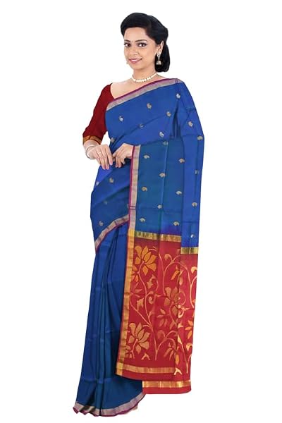 Viswaveda Uppada Handloom Silk Jamdhani Saree with Contrast Pallu with Blouse (Dark Blue) (V01UPVIS005)