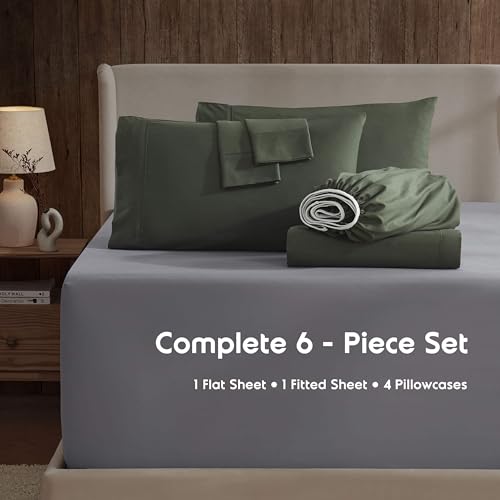 Image of Nestl Extra Deep King Sheet Set - 6 Piece Breathable & Cooling Sheets - Hotel Luxury Bedding Set w /18-24 Inch Deep Pockets - Easy & Secure Fit - Super Soft, Wrinkle Free & Comfy - Olive Green