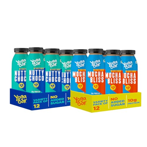 Image of Yogabar 10g Protein Shake | Nutty Choco, Mocha Bliss| No Added Sugar | 180 ml Each 24 Bottle (Pack of 12 + 12 Bottle) | No Preservatives or Artificial Flavours | Protein Milkshake