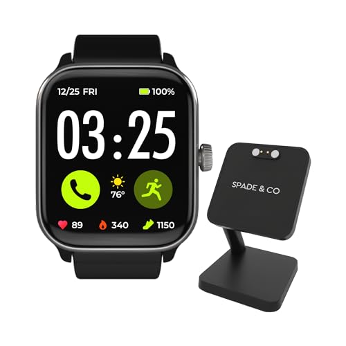 Spade & Co Health Smartwatch 4 Bundle with Charging Dock – Heart Rate, Sleep & SpO2 Monitor, Pedometer, 10+ Day Battery, Answer-Make Calls, IP68 Waterproof, iOS & Android – Black