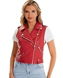 Faux Leather Vest For Women Zipper Cropped Sleeveless Biker Moto Slim PU Motorcycle Waistcoat 067 Red M