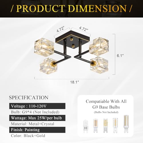 Image of Black Gold Sputnik Chandeliers Industrial 18 inch Crystal Semi Flush Mount Ceiling Light Fixture 4-Light Modern Chandelier for Hallway Entryway Kitchen Bedroom Dining Room