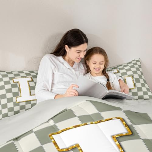 Image of Erosebridal Sage Green Checkered Bedding Set Twin Plaid Initial L Comforter Set for Kids Adults Personalized Monogram Down Comforter,Fashion Grids Gingham Quilt Duvet