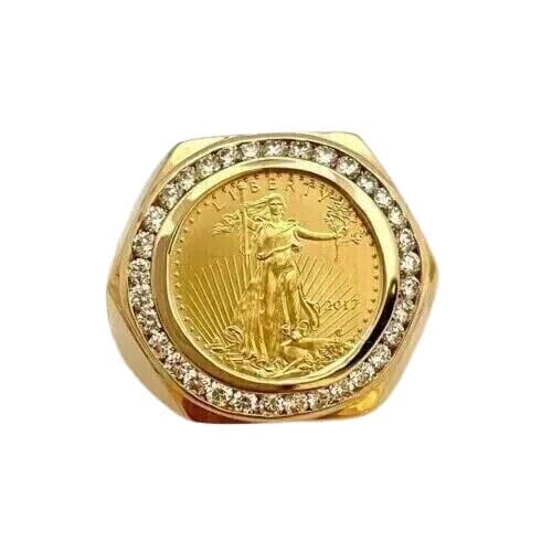 AARK & CO 1.50Ct Round Cut Real Moissanite Diamond Channel Set Unisex STATUE OF LIBERTY COIN Wedding Ring 14K Yellow Gold Finish 925 Sterling Silver - Main Image