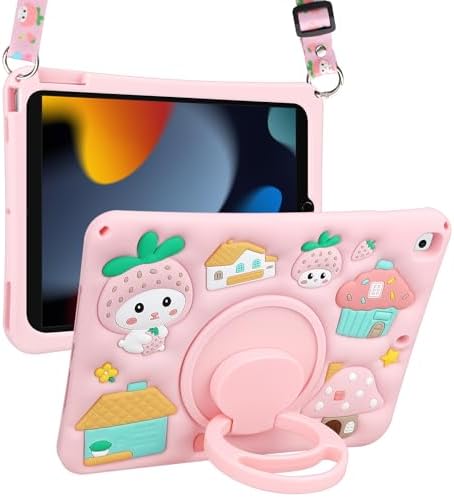 Coolden for iPad 9th Generation Case for iPad 9th/8th/7th Generation Case 10.2 Inch2021/2020/2019 Kids Girls Cute Strawberry Mushroom Soft 3D Tablet Cover with Shoulder Strap & Rotating Stand, Pink