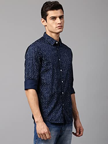 Image of Dennis Lingo Men's Navy Slim Fit Cotton Casual Shirt