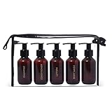 Bottiful Home - 3 oz. Refillable Amber Travel Bottle Set of 5 with Pumps, Travel Bag, and Funnel - Gold Printed Shampoo, Conditioner, Body Wash, Lotion + Other - TSA-Approved, Durable, and Secure
