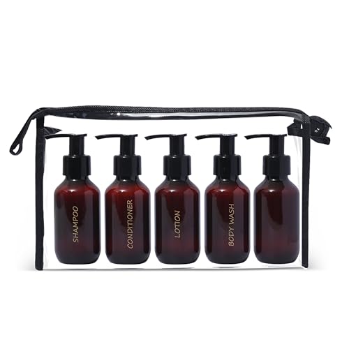 Bottiful Home - 3 oz. Refillable Amber Plastic Travel Bottles Set of 5 w Pumps - Gold Printed Shampoo, Conditioner, Body Wash, Lotion + Other - TSA-Compliant