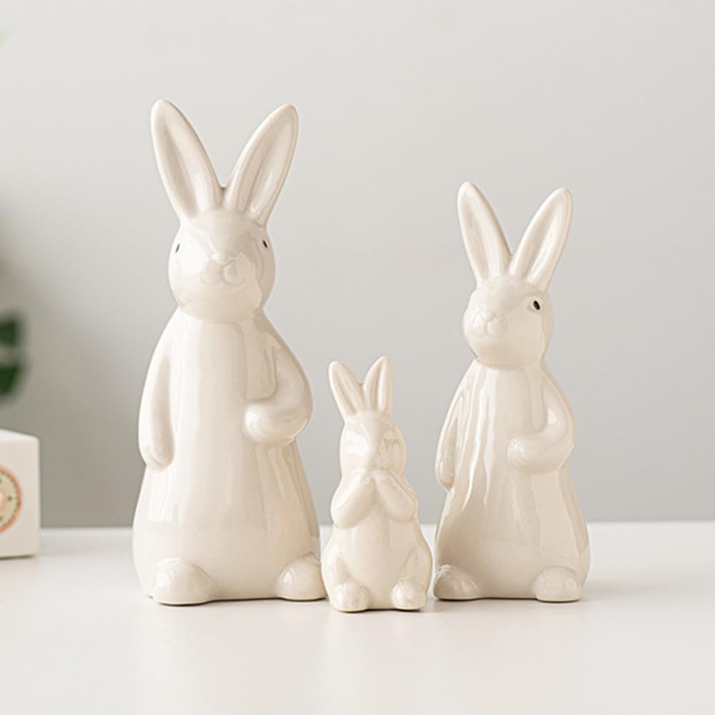 Ceramic Bunny Rabbits Figurine Decor, White Porcelain Modern Tabletop Bookshelf Art Home Statues Decoration for Easter Rabbits Weddings Crafts Ornaments (L)