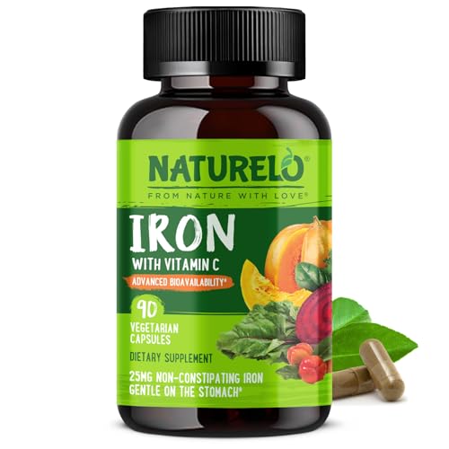 NATURELO Vegan Iron Supplement with Vitamin C and Organic Whole Foods - Gentle Iron Pills for Women & Men with Iron Deficiency Including Pregnancy, Anemia and Vegan Diets - 90 Mini Capsules