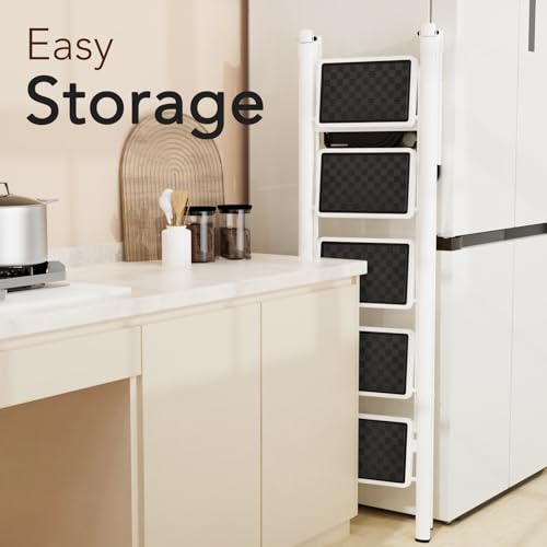 HBTower Step Ladder, Step Ladder Folding Step Stool, Portable Sturdy Steel Ladder Stool for Adults with Wide Pedals Home Outdoor Kitchen, White - Image 3