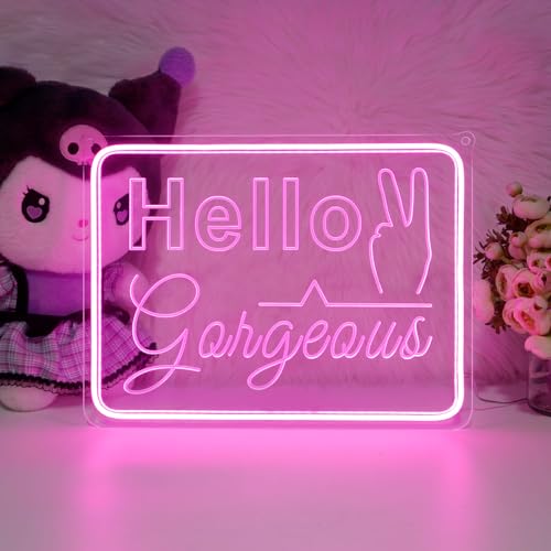 Image of Hello Gorgeous Neon Sign Wall Decor Pink LED Neon Lights for Girls Christmas Memorial Day Birthday Wedding Party Home Lover Room Bathroom Decorations Gifts