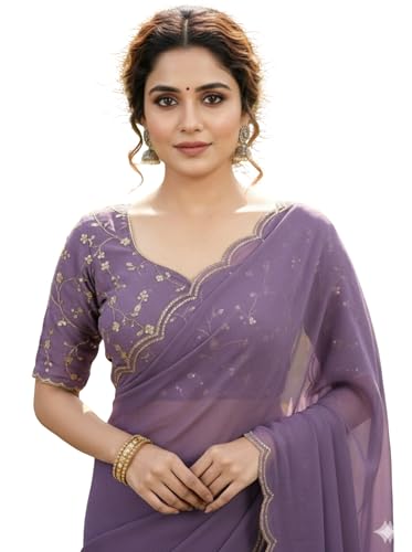 Image of Chinon Silk Saree with Embroidered Blouse, Traditional Georgette Saree, Elephant Embroidery Pattern, V-Neck Design, Free Size, Festival Wear