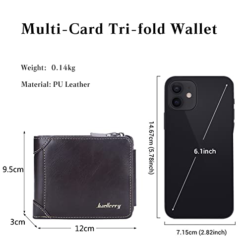 PORRASSO Men Wallet Tri-fold Wallet Genuine Leather Card Holder with 11 Card Slots Coin Bag Coffee3