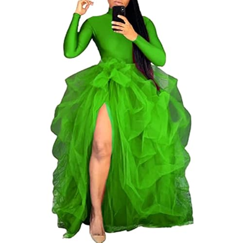 Vestido largo tutú con abertura alta para mujer, falda larga de tul con volantes y encaje de malla, vestido de noche multicapa hasta el suelo, falda de fiesta de noche de boda, verde, Altoa única