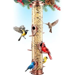 Gray Bunny Metal Bird Feeders for Outdoors Hanging, Brushed Copper Squirrel Proof Bird Feeders with Locking Lid & Adjustable Hanger, Chew-Proof, Weather Resistant 16 Inches 6 Port Bird Watching Gifts