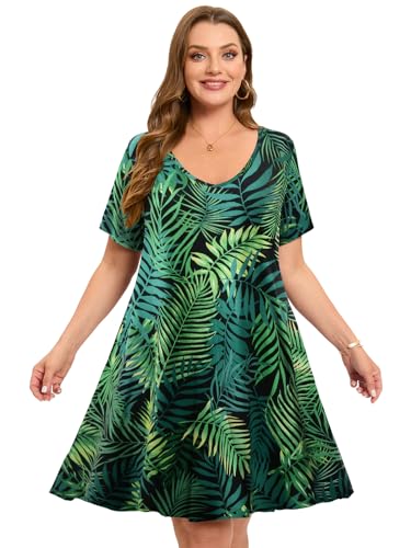 Image of ZENNILO Women's Plus Size Swing Dress with Pockets Casual Summer Dresses V Neck Short Sleeve T Shirt Dress for Women