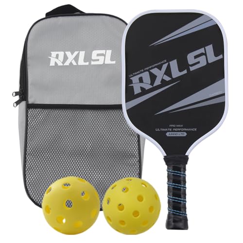 RXL SL Pickleball Palas Set para Profesional Jugadores,Pickleball Raquetas de Fibra de Carbon 16mm Grosor de la Paleta,1 Pelotas para Exteriores y 1 para Interiores,Pickleball Paddle Gris