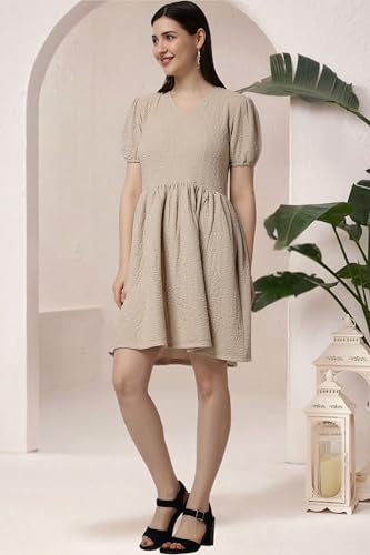 Image of POPWINGS Casual Self Crush Design Solid Knee Length Blouson Peplum Dress for Women || Stylish Summer Dress for Women || Knee-Length Dress for Women || V-Neck Dresses for Women