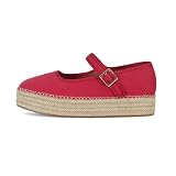 MAIJED Mary Jane Woven Espadrilles for Women Round Toe Ballerina Shoes Canvas Summer Flats Red US8.5