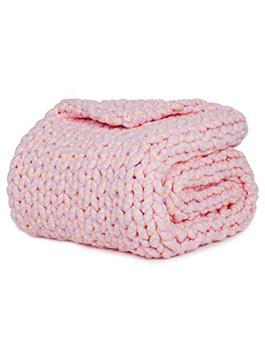 YnM Weighted Blanket, Handmade Chunky Knitted Design, Soft and Cozy, Temperature Regulating and Breathable, Machine Washable Throw for Sleep or Home Decor (Pink Fancy Yarn, 50x60 Inch, 10lbs)
