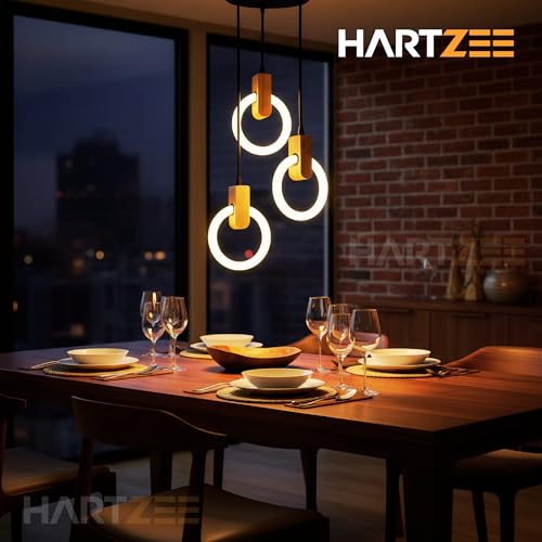 Image of Lunaris Orbit 2 Pack LED Chandelier 3 Ring Pendant Light | Modern Hanging Ceiling Lamp with Wooden Accent for Living Room, Dining Room, Bedroom, Restaurant & Cafe | 3000K Warm White Lighting