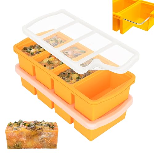 ZIP STANDING Silicone Freezer Trays with Lid,1-cup Soup Freezer Container large Ice Cube Molds with Reinforced Steel Ring Top for freezing Soup Sauce Broth Leftovers oven Dishwasher -Safe(2-Pack)