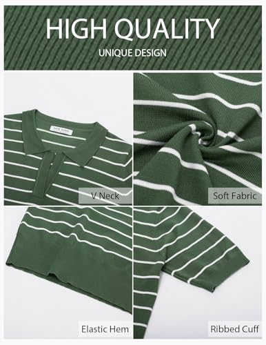 Kate Kasin Women Summer Striped Tops Knitted Tee Shirt Casual Short Sleeve Ribbed Hem Sweater Army Green White S — view 4