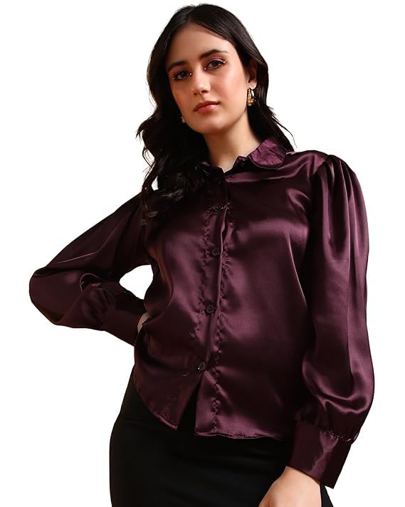 Womens Satin Shirt Top with Puff Sleeves Hip Length Button Down Solid Stylish Shirt Office Wear Top for Women-picture-19