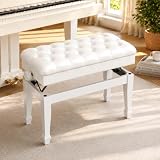 LIFERUN Sgabello per Pianoforte Regolabile in Altezza 50-58 cm, Panca Pianoforte con Vano Portaoggetti, Sgabello Pianoforte per Duetto in Pelle PU Ispessita con Gambe Curve in Legno, Bianco