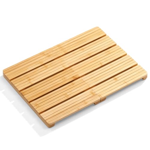 Foldable Bamboo Bath Mat for Shower 19.68 x 14.17 in Non-Slip Wood Bathroom Rug Quick-Dry Waterproof Carpet for Indoor Outdoor Use by Sink Tub Pool