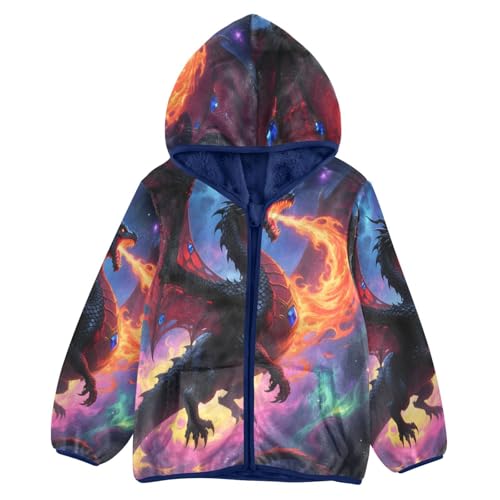 Dragon Breathes Fire in Space Toddler Fleece Jacket Girl Boys Hooded Fleece Jacket Coat Warm Outwear Zip-up 3-10T