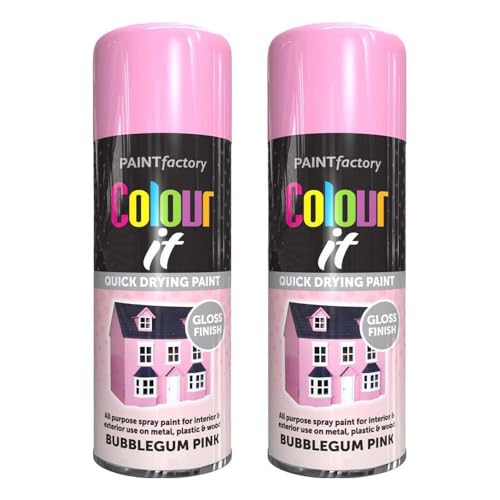Spray Paint Bubblegum Pink Gloss Finish 400ml Pack of 2 - Quick Dry Aerosol Can All Purpose for Wood, Metal, Plastic, Interior & Exterior