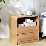 HtThalamic Modern Nightstands with Charging Station, Oak Night Stand with 2 Drawers, Wood End Table with Storage, 23.6'' Wide Bedside Cabinet for Bedroom