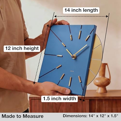 Image of Driini Blue and Gold Mid Century Modern Wall Clock, Battery Operated | Square MCM face with a minimalist midcentury look. Contemporary decorative analog design for kitchen, office or living room