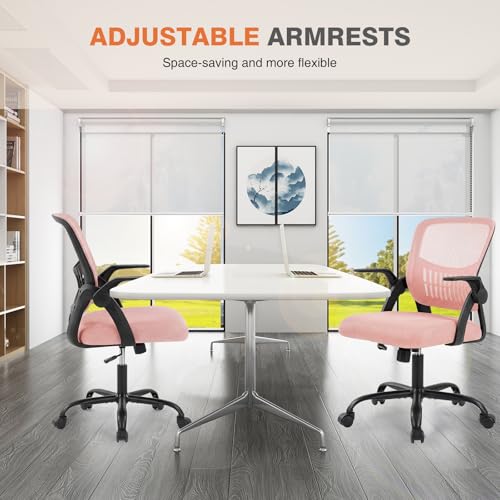 Image of Sweetcrispy Home Office Managerial Executive Chair, Flip Up Armrest Ergonomic Mesh Adjustable Swivel Mid-Back Computer Desk Chair with Comfortable Lumbar Support, Comfy Arms for Bedroom,Blak&Pink
