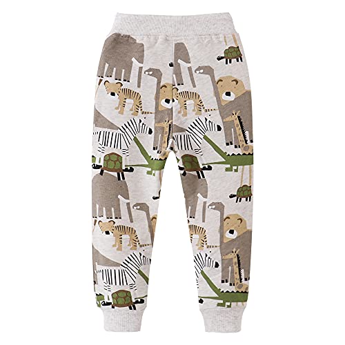 Huaer& Boys Cartoon Print Dinosaur Monkey Pattern Cotton Pants Drawstring Elastic Sweatpants (3T, Light Grey & Animals) #TOP1