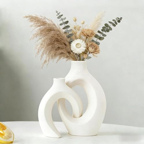 Image of PUREZENTO Abstract White Ceramic Donut Vase 8.4 & 6.8 Inch - Set of 2 | Decorative Hollow Donut Vase for Dried Flowers & Pampas Grass | Vases for Modern Home Decor, Living Room, Office Decor Ideas