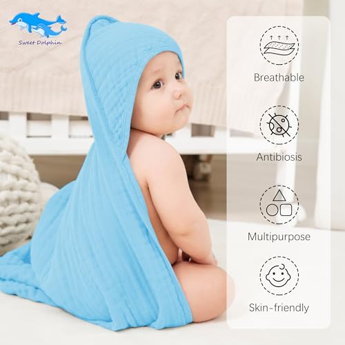 Image of SWEET DOLPHIN Muslin Hooded Baby Bath Towels - 2 Pack 100% Cotton Towel for Babies, Infants, Toddlers - 32x32Inch - Highly Absorbent and Newborn Essential, Blue